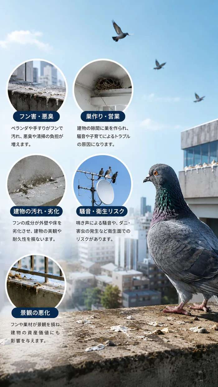 フン害・営巣・建物の汚れなど、王寺町の市街地で起きやすい鳩被害のイメージ