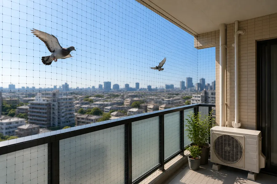 マンションのベランダ全面に防鳥ネットを張り、鳩の侵入を防いでいる様子