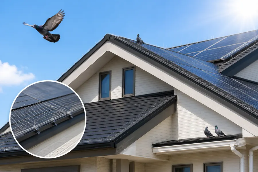 戸建て住宅の屋根と太陽光パネルの縁に剣山を設置し、鳩の飛来を防いでいる様子