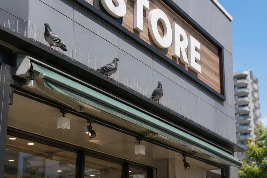 店舗の看板まわりに剣山を設置した箇所と、その近くにとまる鳩