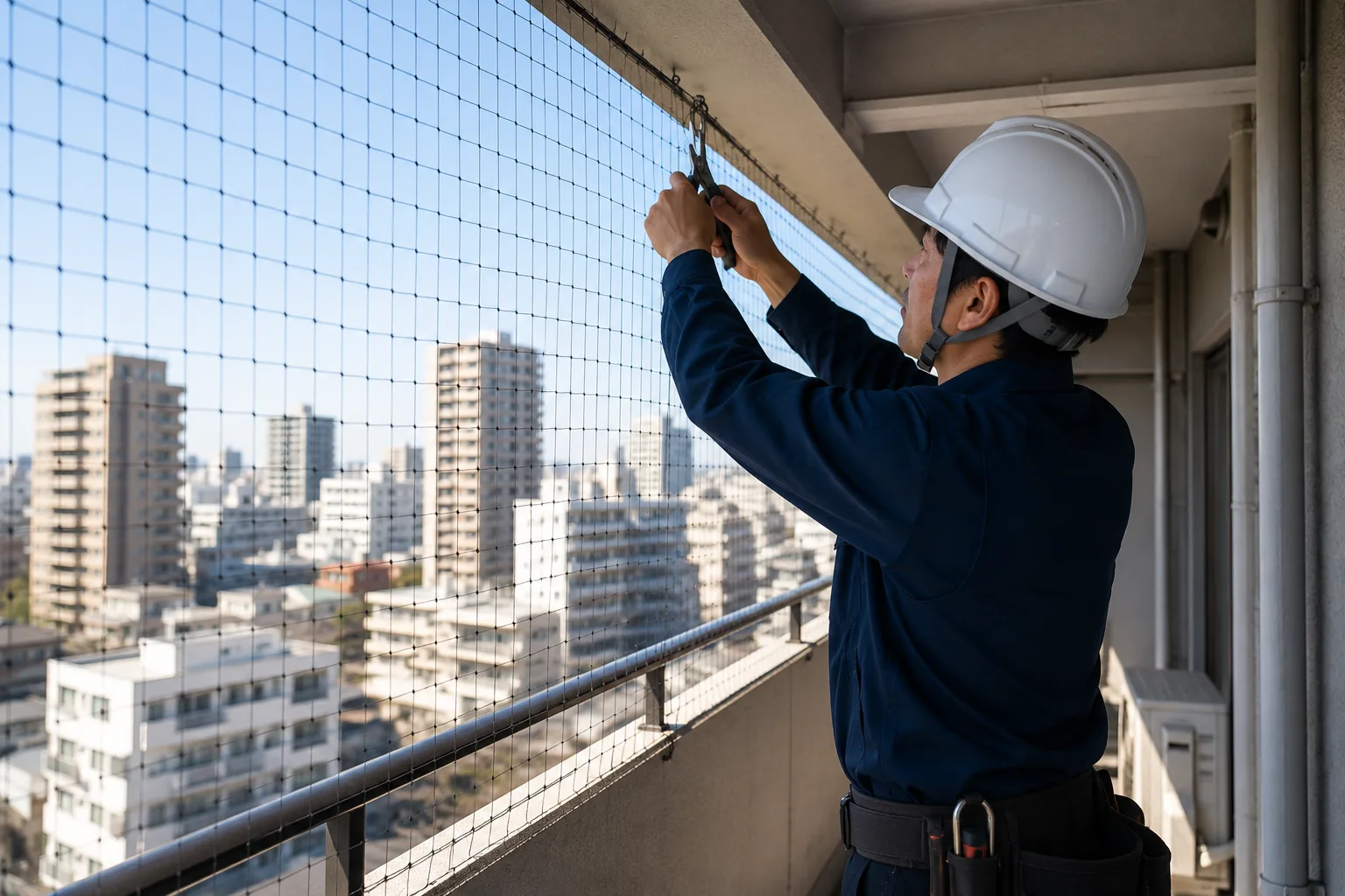 マンションのベランダに鳩よけネットを施工する作業員（王寺町の鳩対策イメージ）
